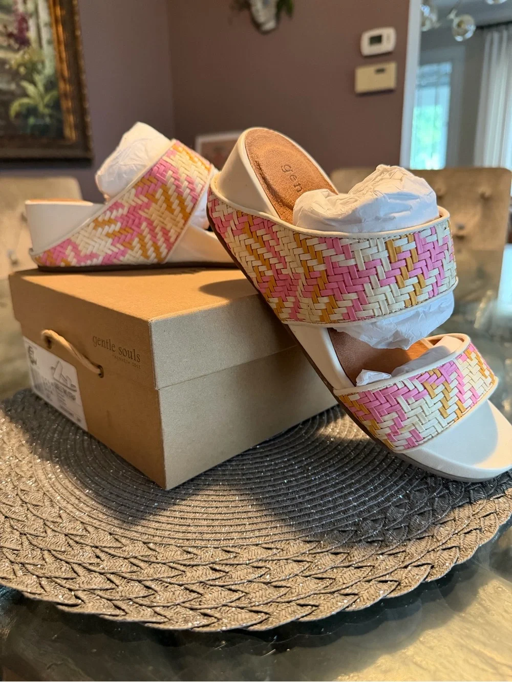 Gentle Souls by Kenneth Cole: Pink, Yellow & Cream Woven Platform Slide Sandals